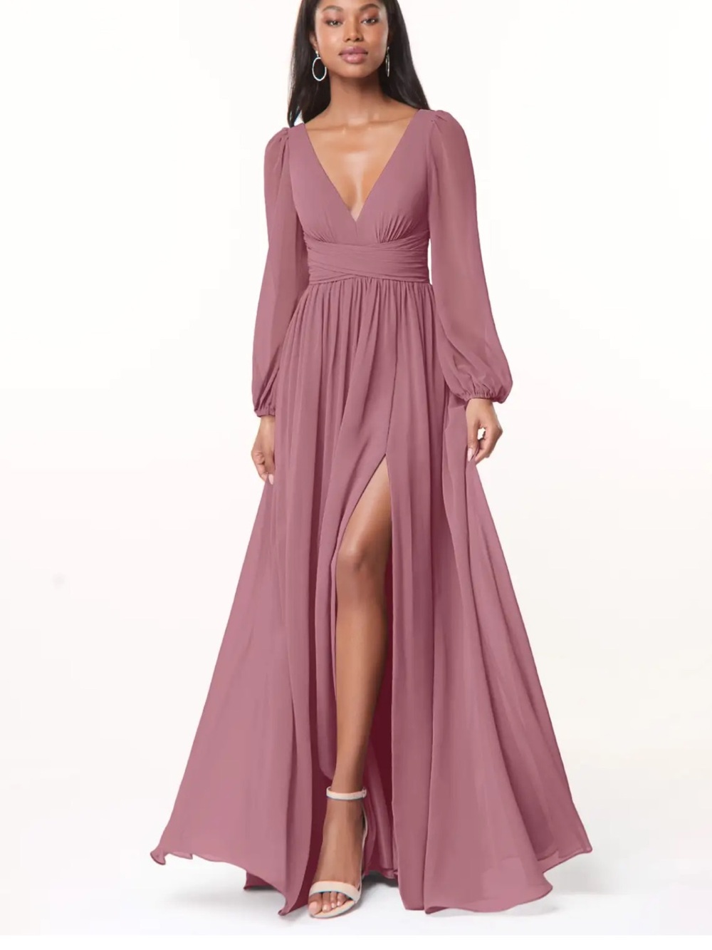 Women’s Azazi Long Sleeve V-Neck Chiffon Dress - Vintage Mauve